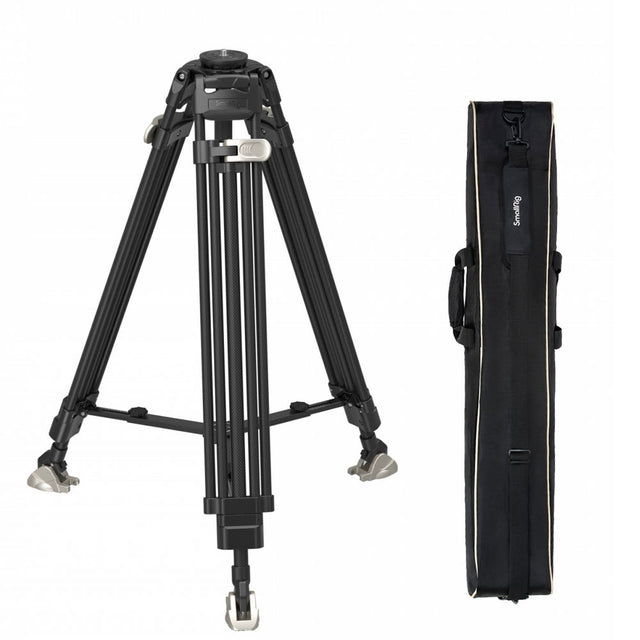 Black aluminum video tripod with three legs and compact carry bag
