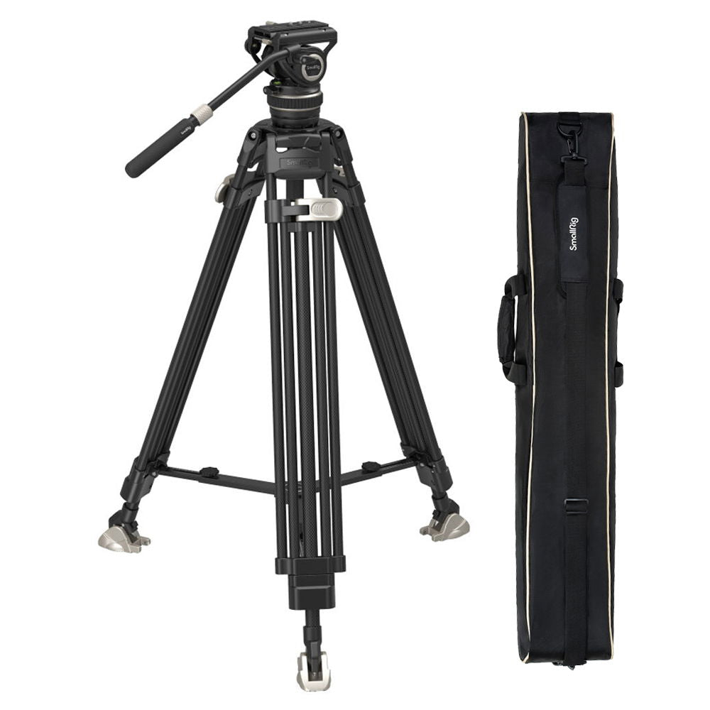Carbon fiber video tripod with fluid head and carrying bag, black