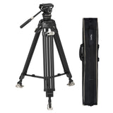 Carbon fiber video tripod with fluid head and carrying bag, black