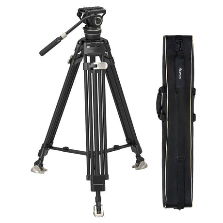 Carbon fiber video tripod with fluid head and carrying bag, black