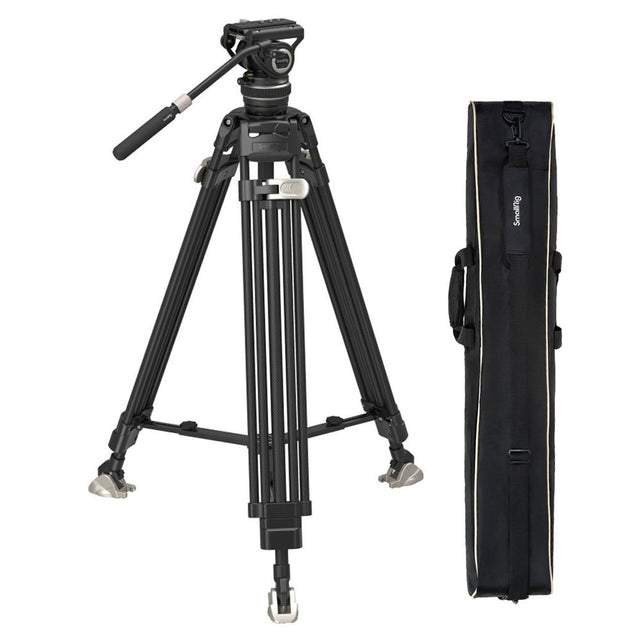Carbon fiber video tripod with fluid head and carrying bag, black