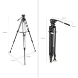 Tripod dimensions view: fluid head, legs, and extension segments in black