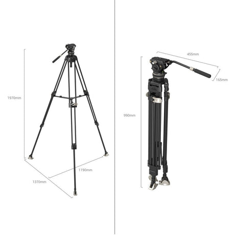 Tripod dimensions view: fluid head, legs, and extension segments in black