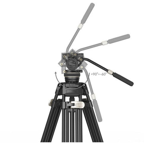Top view of fluid head and mounting plate with pan handle, black tripod