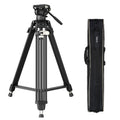Black video tripod with fluid head and included carry bag