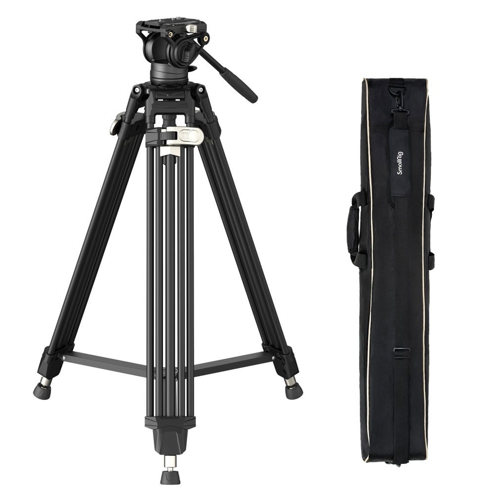 Black video tripod with fluid head and included carry bag