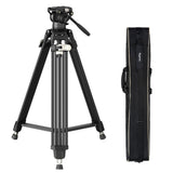 Black video tripod with fluid head and included carry bag