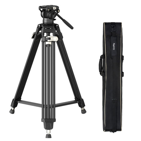Black video tripod with fluid head and included carry bag