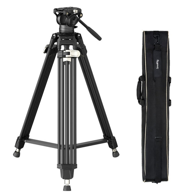 Black video tripod with fluid head and included carry bag