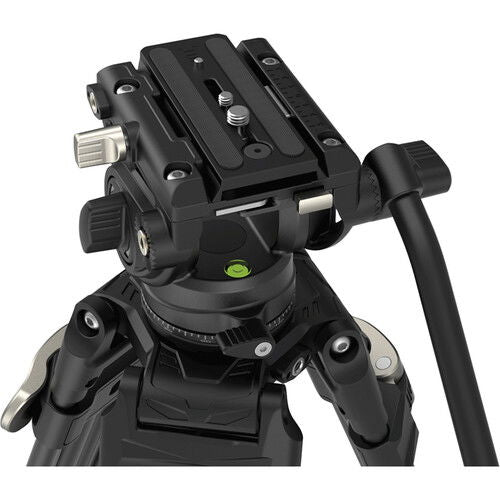 Close-up of black fluid tripod head with adjustment controls