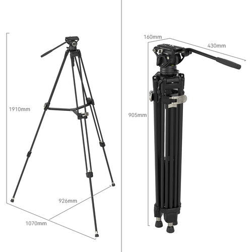 Black video tripod height and size measurements, front and side views