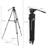 Black video tripod height and size measurements, front and side views