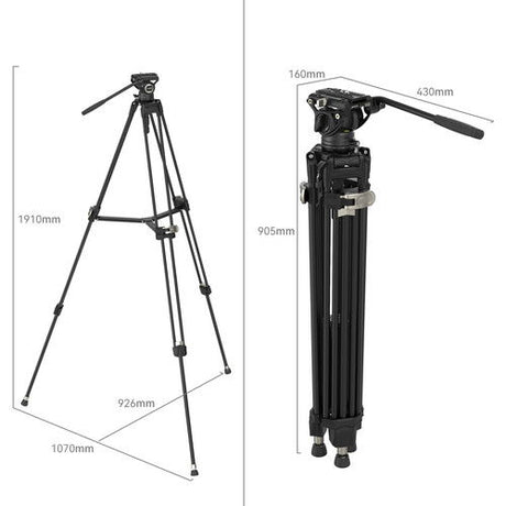 Black video tripod height and size measurements, front and side views