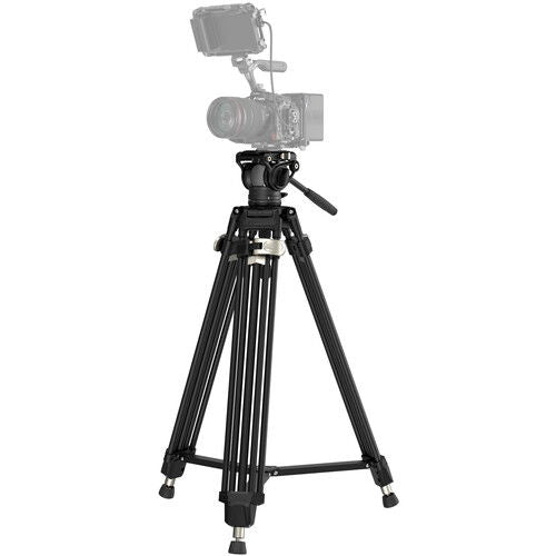 Black camera tripod with fluid head and long legs