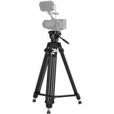 Black camera tripod with fluid head and long legs