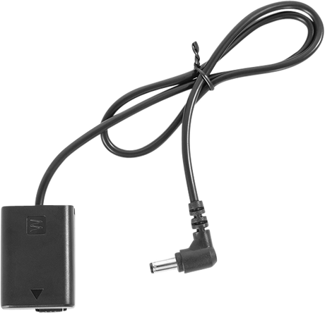 NP-FW50 dummy battery adapter with attached cable and power connector, black