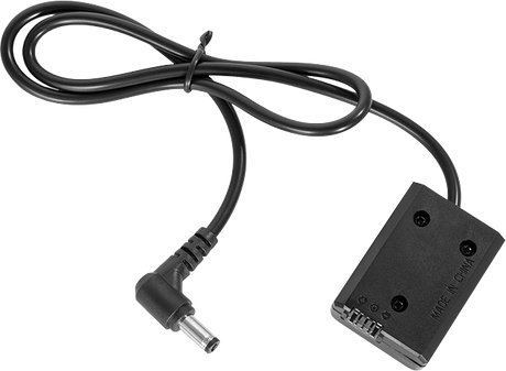 NP-FW50 dummy battery adapter end with multi-pin port and DC plug, black