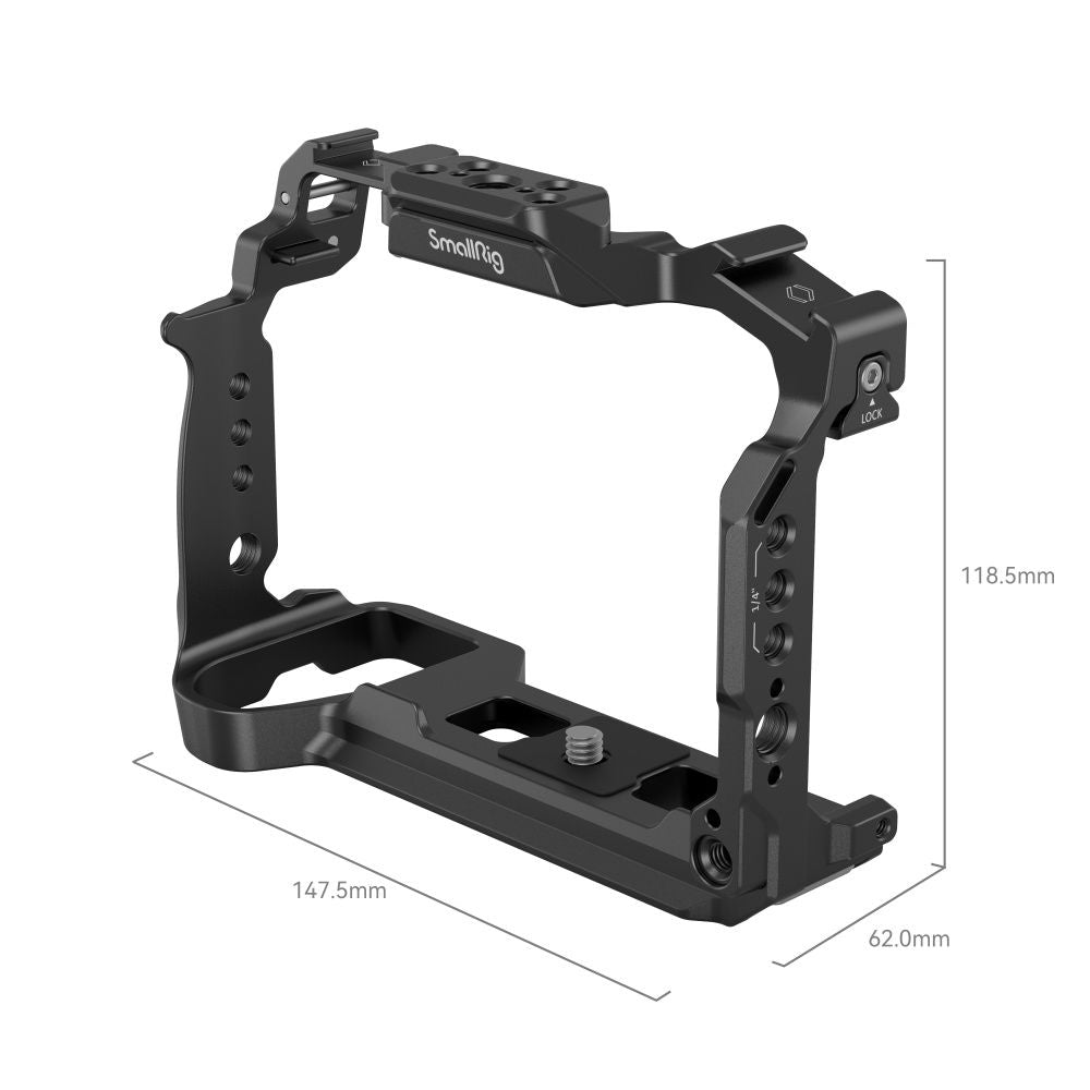 Black camera cage frame with open bottom plate and side mounting holes; 147.5×62 mm