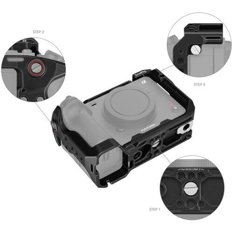 Camera cage with access openings and mounting points, showing circular side cutout, black