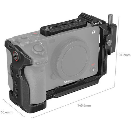 Camera cage with top handle and vertical mounting bracket, black frame with gray cover
