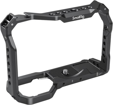 Light cage base with cutout handle and side mounting holes, dark metal