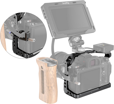 Light cage with top monitor mount and side rail holes for camera