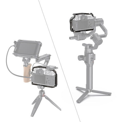 Camera cage for Fujifilm X-T4 with monitor, cables, and grip on tripod stand