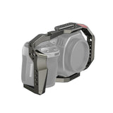 Full camera cage for Blackmagic Cinema Camera 4K/6K, front-left view with mounting rails