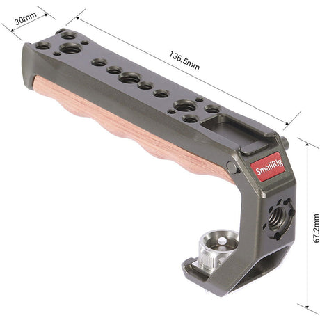 Gray metal ARRI locating handle with wood grip and pin holes
