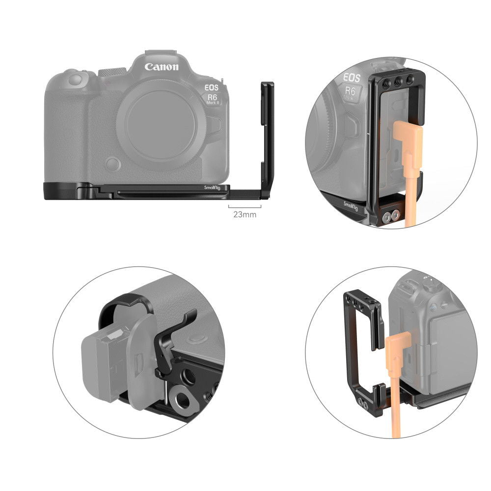L-bracket close-up on Canon EOS R6 Mark II side, showing port opening