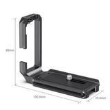 L-bracket base plate with vertical clamp, black metal, shows mounting dimensions