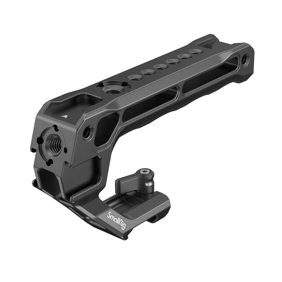 Metal NATO rail handle with cold shoe mount and multiple threaded holes, dark gray