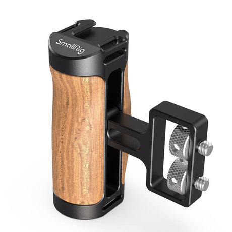 Wooden mini side handle with black grip and mounting bracket