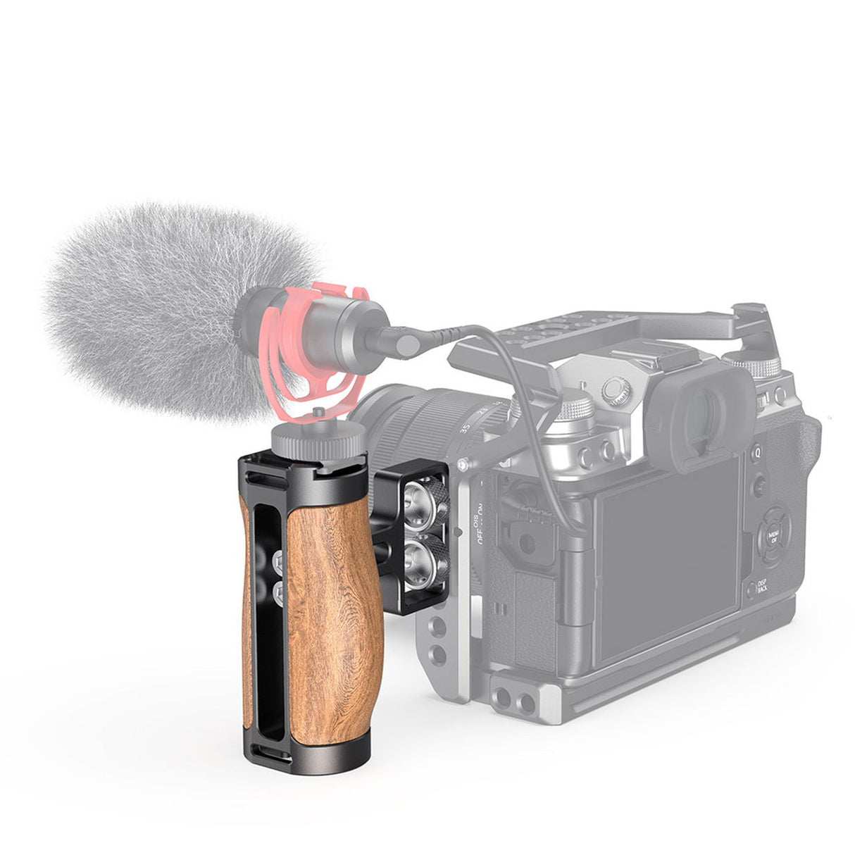 Wood mini side handle mounted on camera with foam windscreen