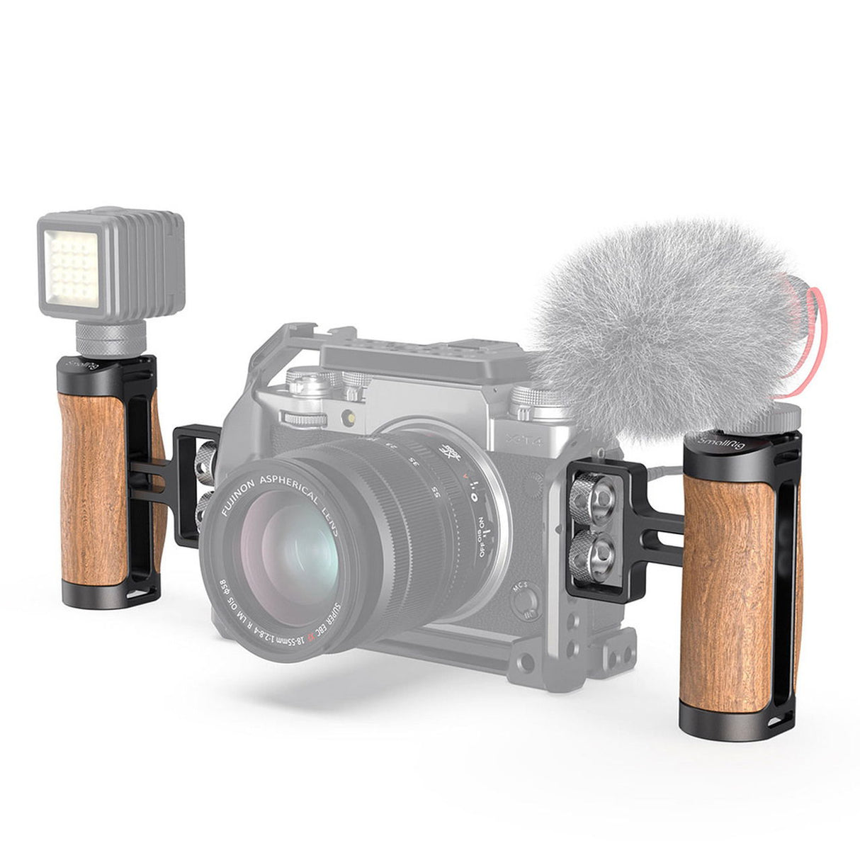 Wood mini side handle on camera with LED light and microphone