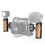 Wood mini side handle on camera with LED light and microphone