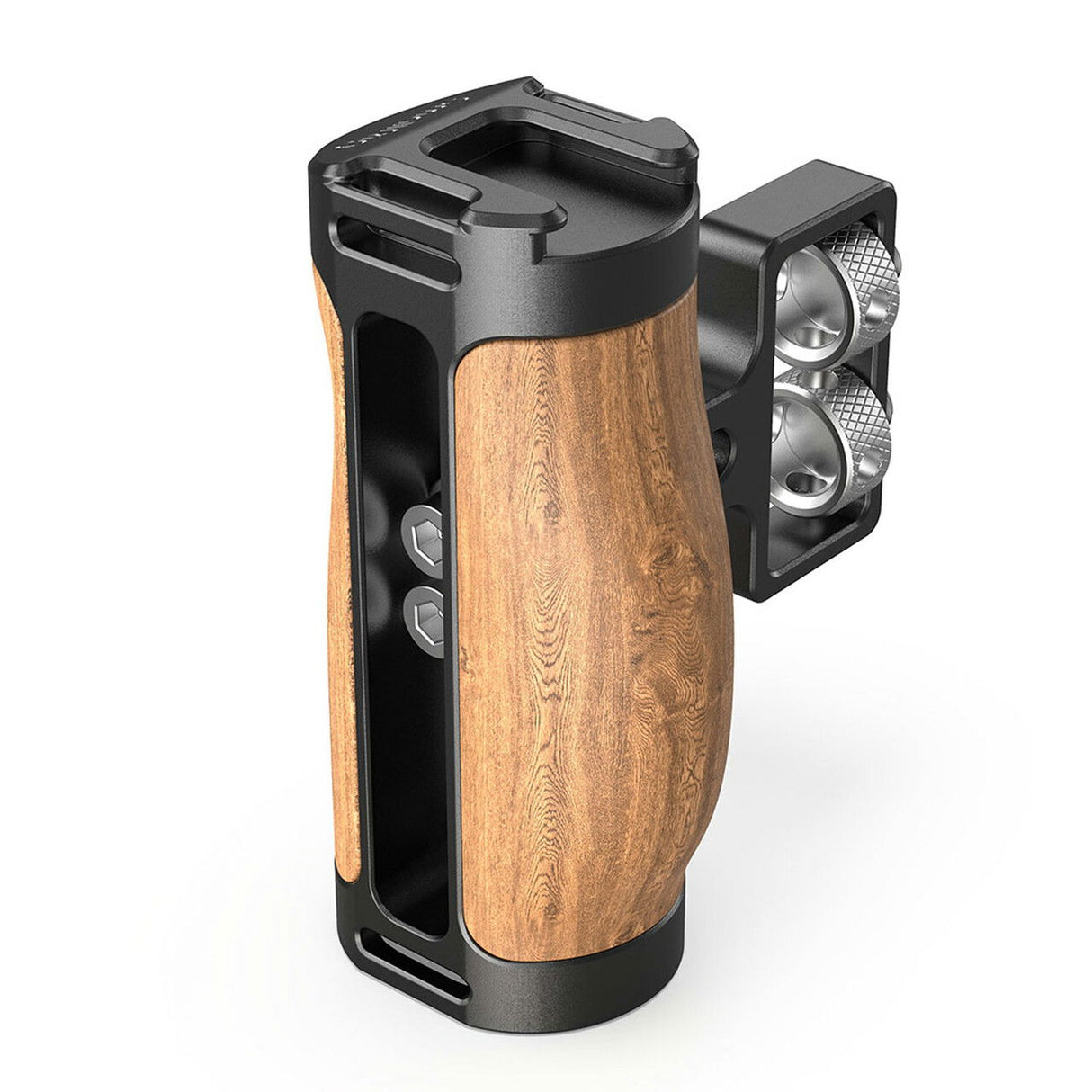 Wood mini side handle on camera cage with adjustable metal clamp