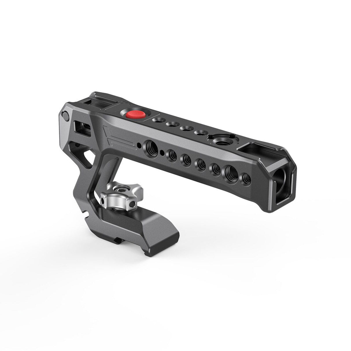 NATO top handle rig with red control button and multiple mounting holes, dark metal