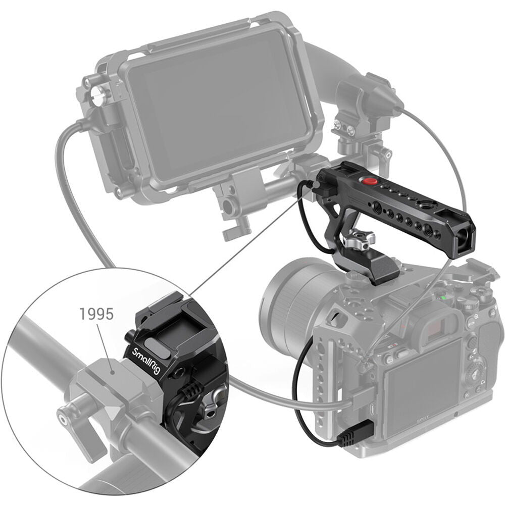 NATO top handle attached to camera cage with cables, red button and port openings