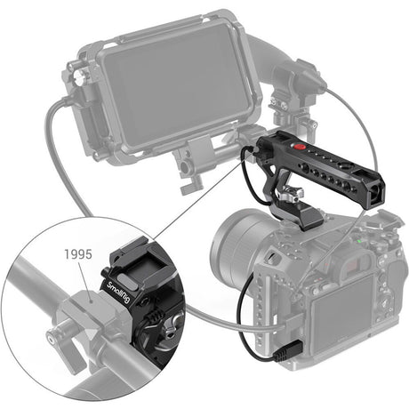 NATO top handle attached to camera cage with cables, red button and port openings