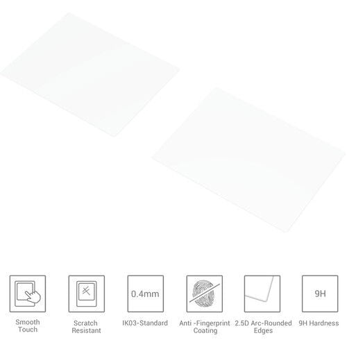Tempered screen protector specs: 0.4mm thickness, anti-fingerprint, 9H hardness