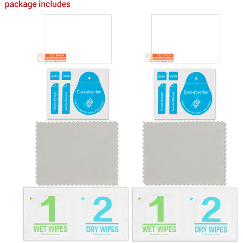 Package contents: two screen protectors with cleaning wipes and dust-absorber cloths