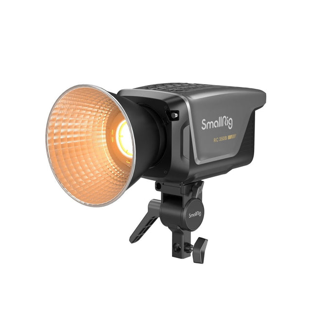 Bicolor COB video LED light with wide reflector and illuminated front lens
