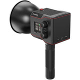 Bi-color LED video light with rounded reflector and side control knobs, black housing