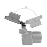 Cold-shoe monitor bracket showing a wide 140° mounting range on a camera rig
