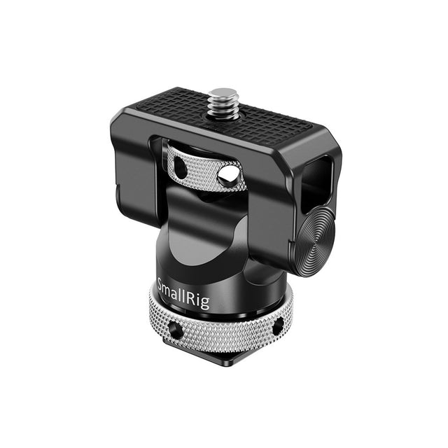 Black monitor bracket with cold shoe mount, textured top plate and adjustment knob