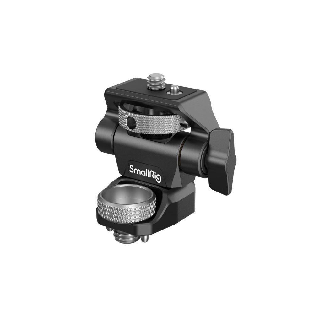 Pivoting ARRI mount support, black metal with textured thumb wheel and screws