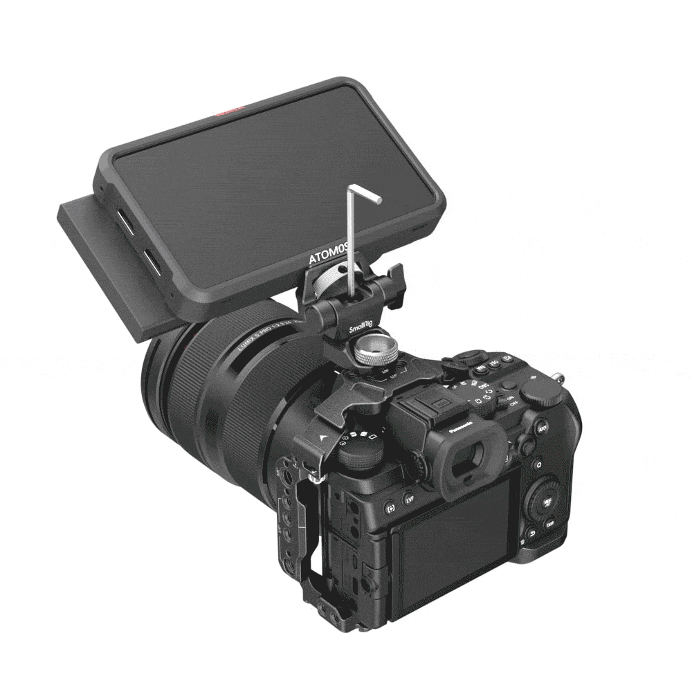 Pivoting mount with textured dial and side clamp, black metal for ARRI-style setups