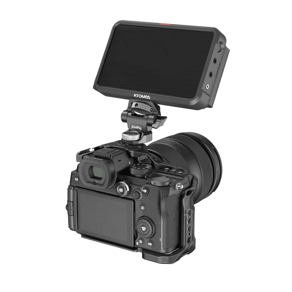 Pivoting camera top mount with clamp, black metal and textured adjustment knob