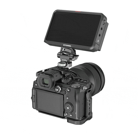 Pivoting camera top mount with clamp, black metal and textured adjustment knob